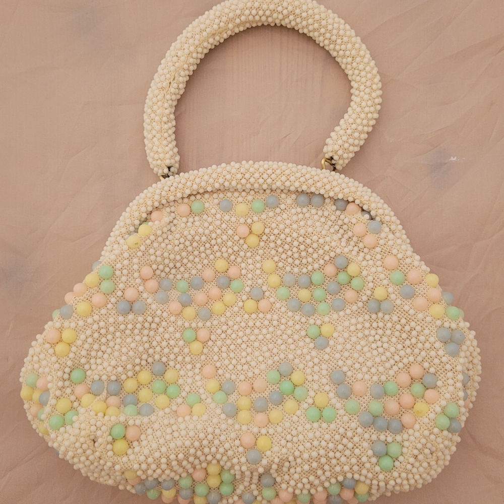Antique Beaded Cream Pastel Accent Top-Handle Bag